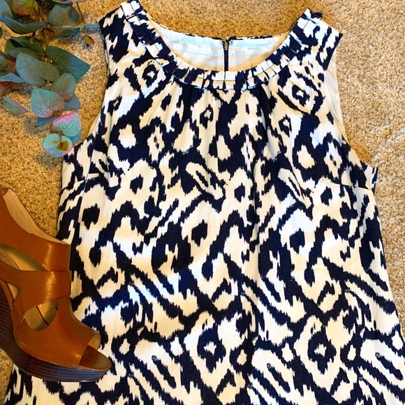 LOFT Dresses & Skirts - Loft White & Navy Blue Print Linen Dress
